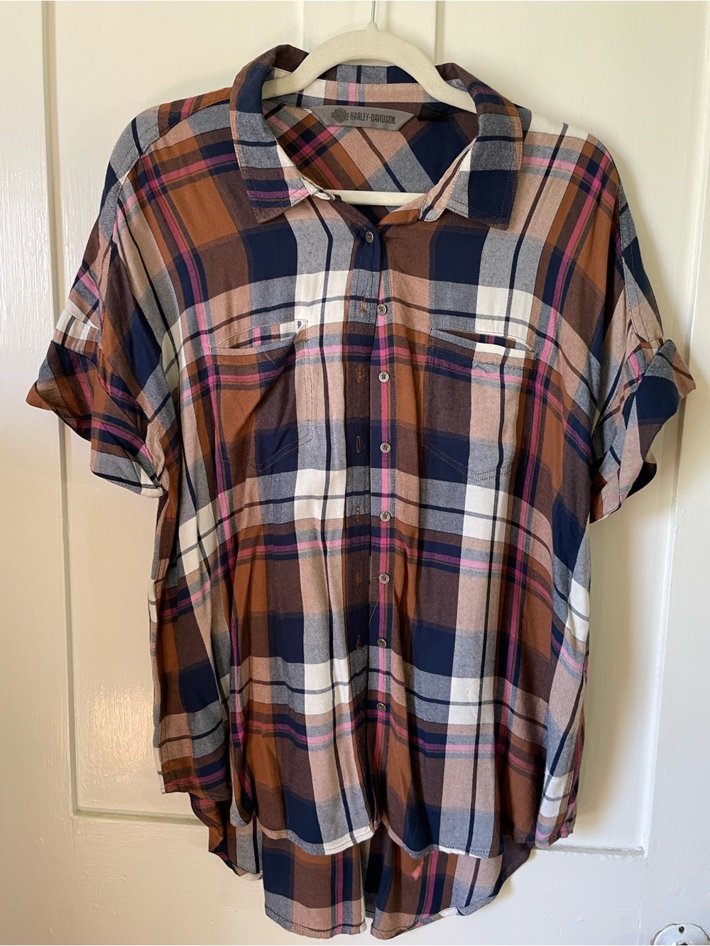 Harley-Davidson Plaid Shirt in Navy, Brown & Cream
